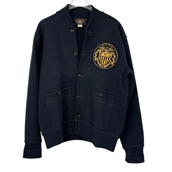 RRL Double RL Ralph Lauren Cardigan Sweater Jacket  M Crest Patch Black Military - Picture 6 of 8